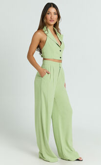 Nellis Two Piece Set - Linen Look Halter Vest and High Waisted Pants Set in Light Green