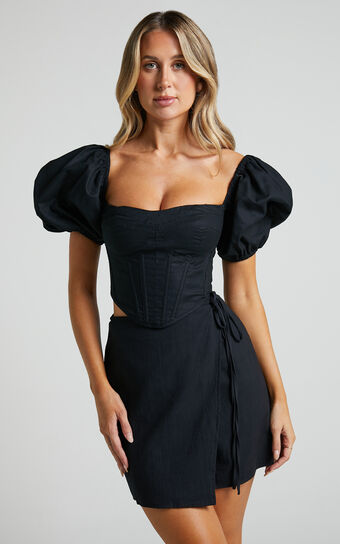 Estella Top - Puff Sleeve Corset Bustier Top in Black