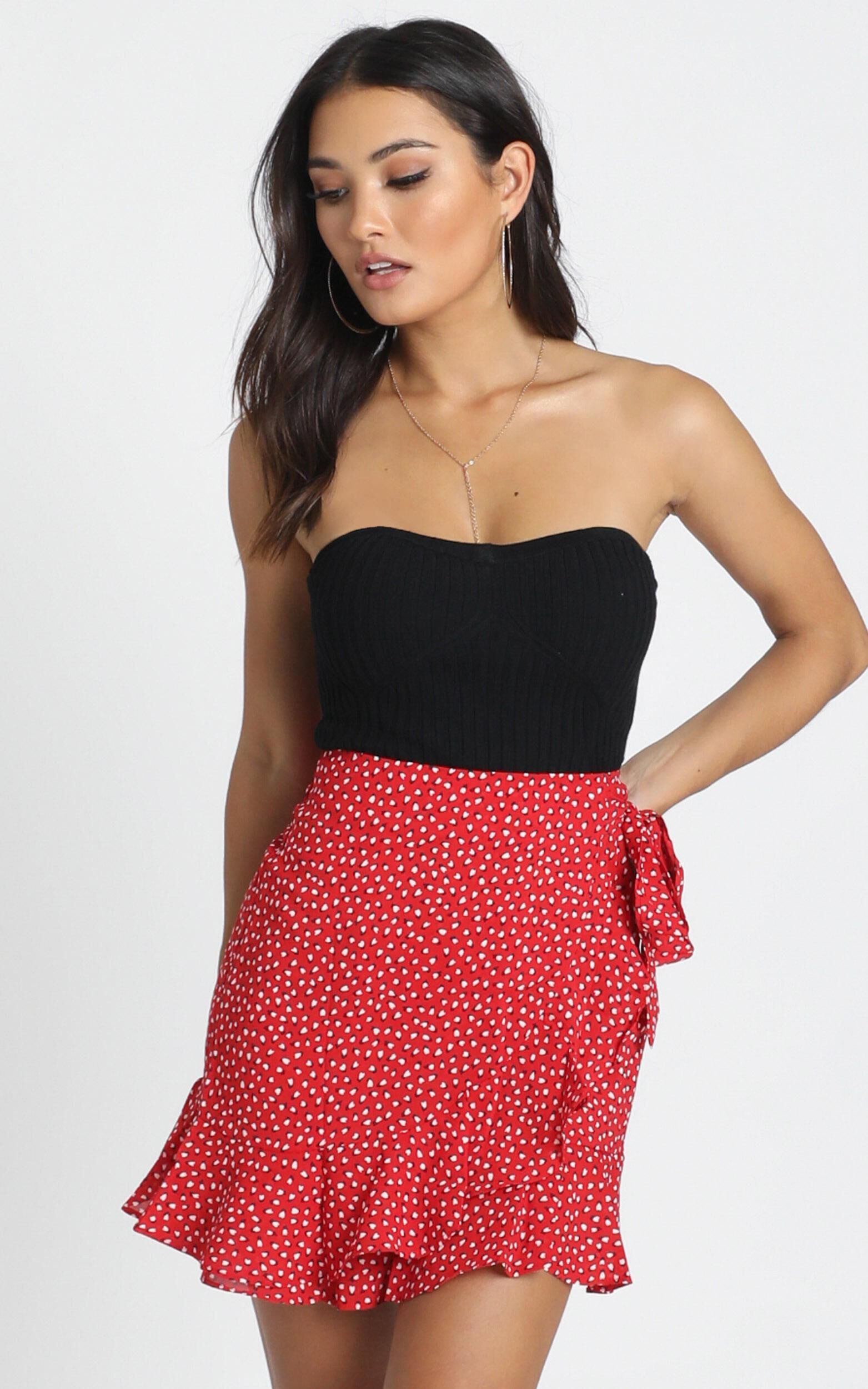 Red floral wrap mini skirt hotsell