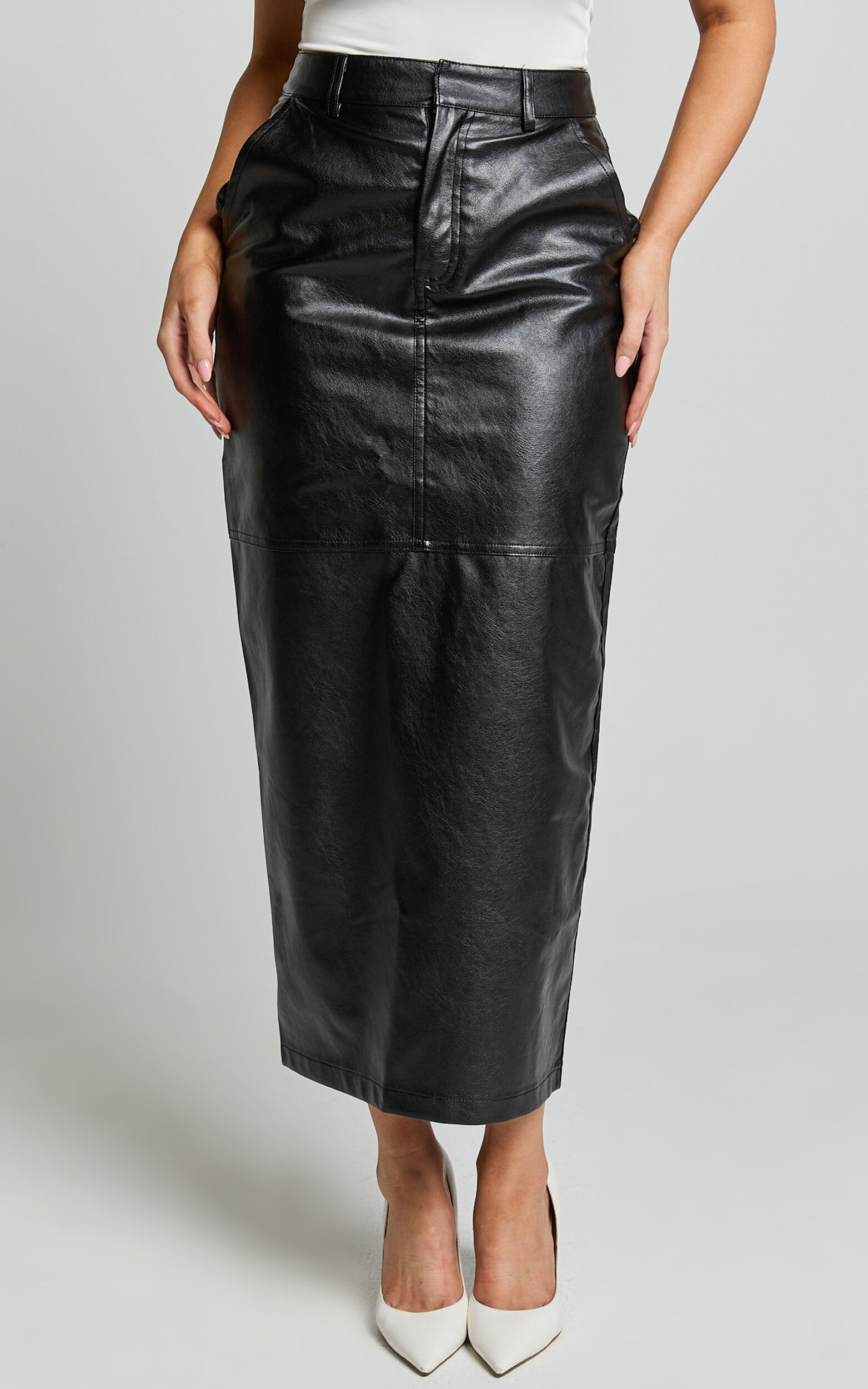High waisted faux leather midi skirt outlet