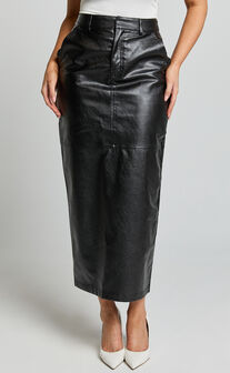 Victoria Midi Skirt - Mid Waisted Back Split Faux Leather Skirt in Black