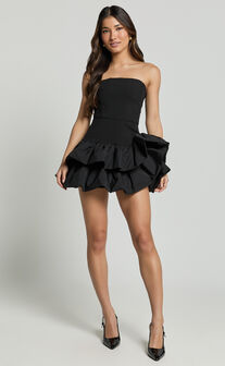 Beatrice Mini Dress - Contrast Strapless Ruffle Tiered Dress in Black