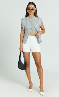 Leah Top - Scoop Neck Sleeveless Button Down Knit Vest Top in Light Grey