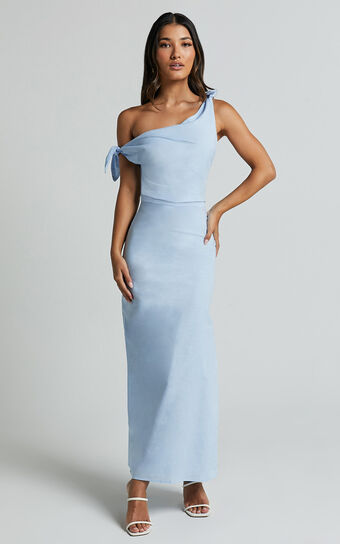 Cincinnati Midi Dress - Off The Shoulder Side Split Column Linen Look Dress in Pale Blue