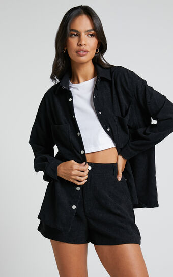 Tovil Shorts - High Waisted Corduroy Shorts in Black
