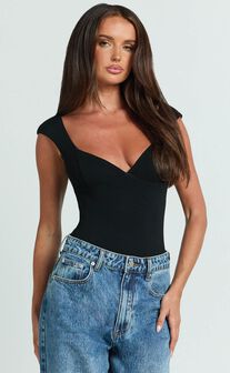 Juliette Bodysuit - Deep V Neckline Bodysuit in Black