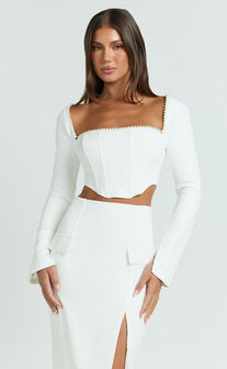 Clarissa Top - Square Neck Pearl Trim Long Sleeve Top in Off White