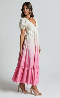 Nathaley Midi Dress - Plunge Neck Puff Sleeve Dress in Pink Ombre