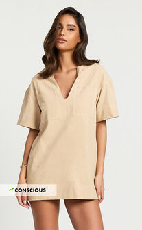 Sanvi Mini Dress - Linen Look Collared Pocket Shift Dress in Beige