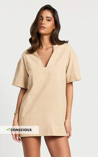 Sanvi Mini Dress - Linen Look Collared Pocket Shift Dress in Beige