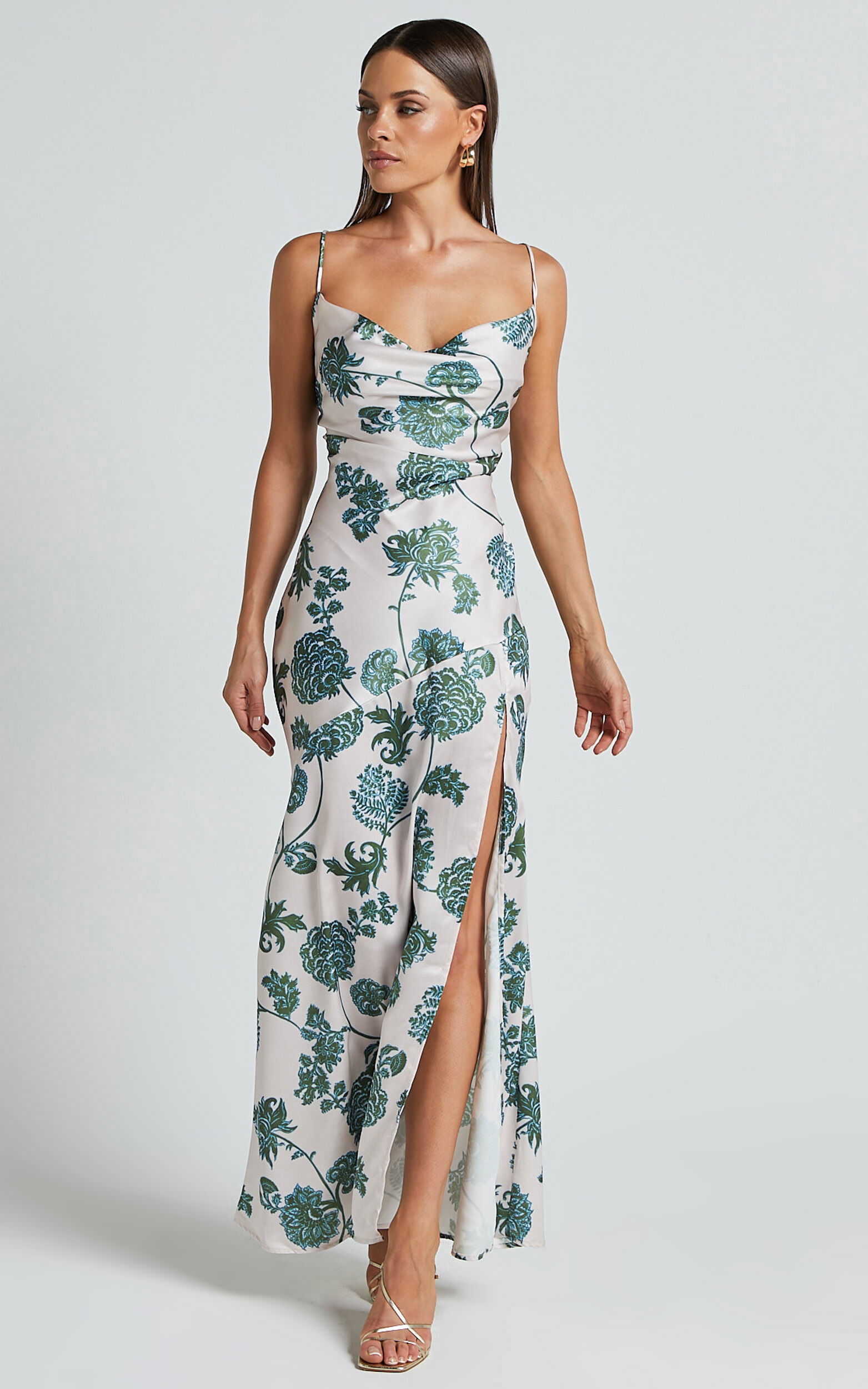 Kenna Maxi Dress Cowl Neck Thigh Split Slip Dress In Keepsake Floral Showpo