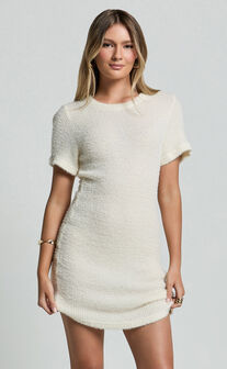 Bowie Mini Dress - Short Sleeve Shift Dress in Ivory