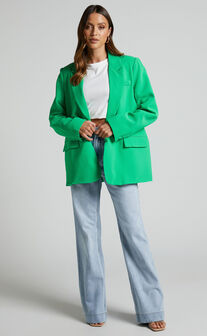 Michelle Blazer - Oversized Plunge Neck Button Up Blazer in Green