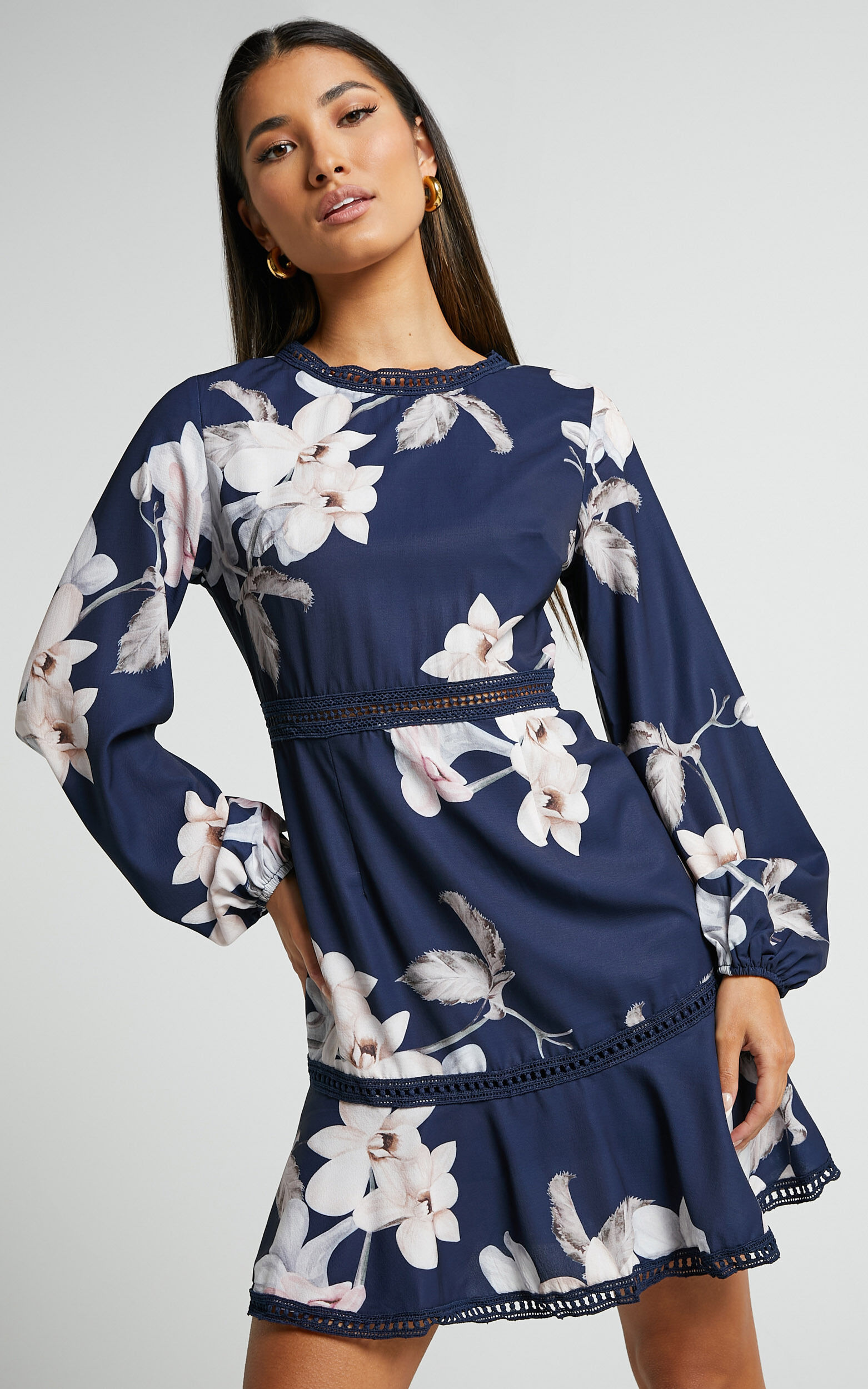 Not Missing Out Mini Dress Long Puff Sleeve Dress in Navy Floral Showpo USA