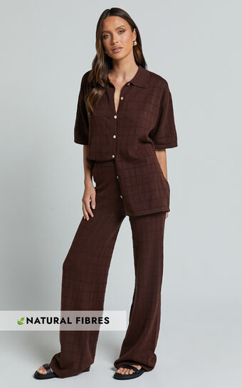 Tommy Two Piece Set - Knit Button Through Top and Pants Two Piece Set in Chocolate Showpo