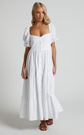 Palmer Midi Dress - Sweetheart Puff Sleeve Dress in White