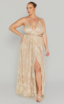 New York Nights Maxi Dress - Sequin Plunge Cross Back Dress in Gold