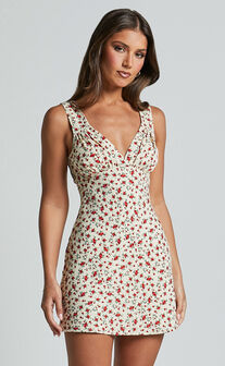 Amalea Mini Dress - Wide Strap Ruched Bust Dress in Red Floral