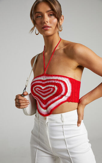 Margethe Top - Crochet Halterneck Top in Red Multi
