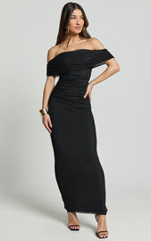 Caterina Maxi - Ruched Off Shoulder Mesh Dress in Black | Showpo USA
