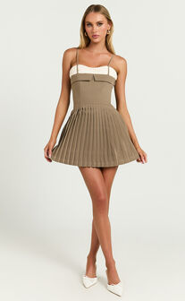 Aaron Mini Dress - Strappy Fit And Flare Pleat Skirt Dress in Light Brown