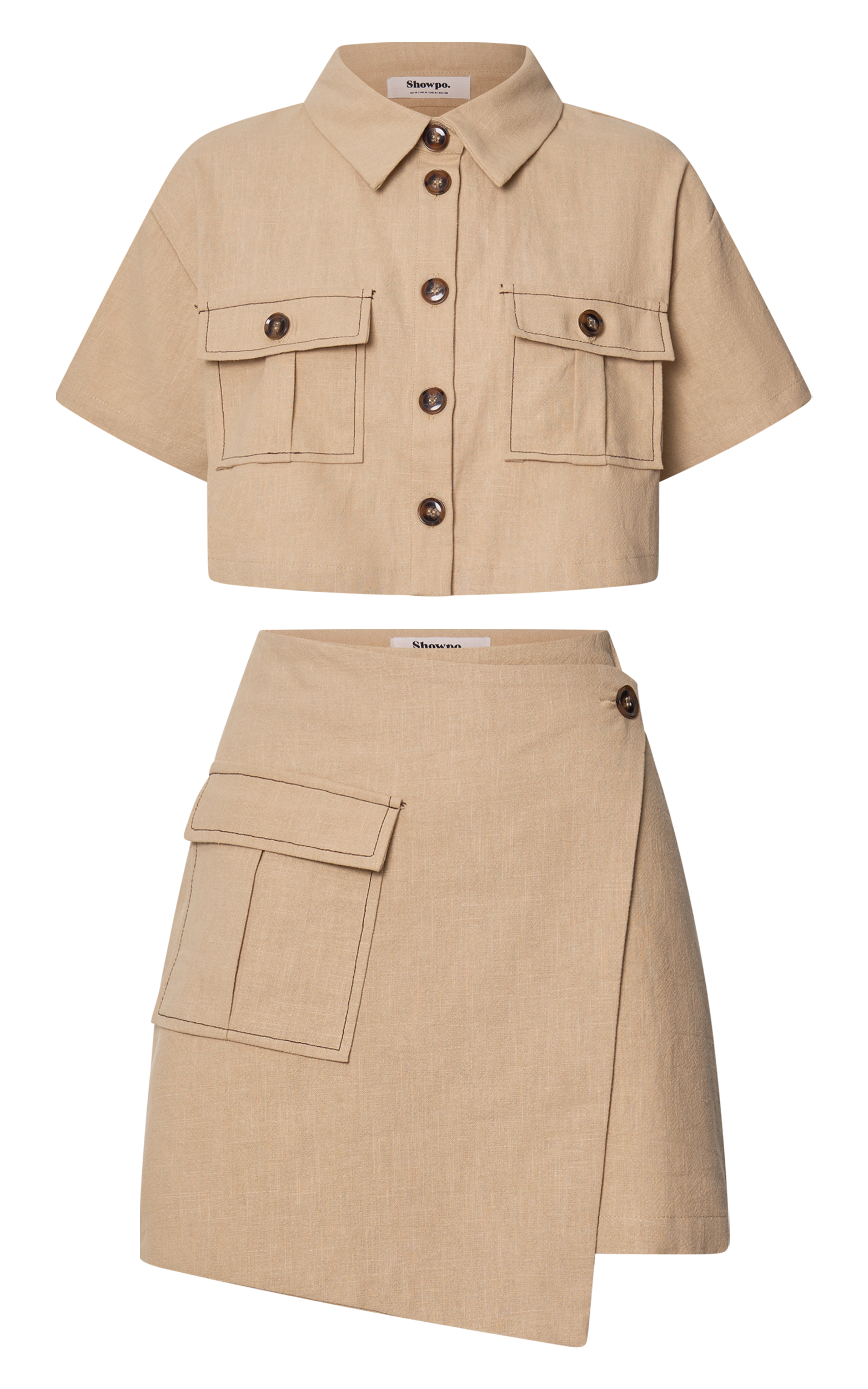 春夏新作 Crop Look -Linen Set Piece Two Chester Shirt Mini Cargo and スカート