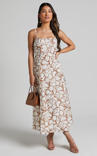 Nylia Midi Dress  Strappy Fit and Flare in White Floral