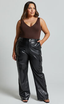 Elviera Pants - High Waisted Faux Leather Cargo Pants in Black