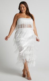 Amalee Two Piece Set - Fringe Strapless Crop Top and Midi Skirt Set in White