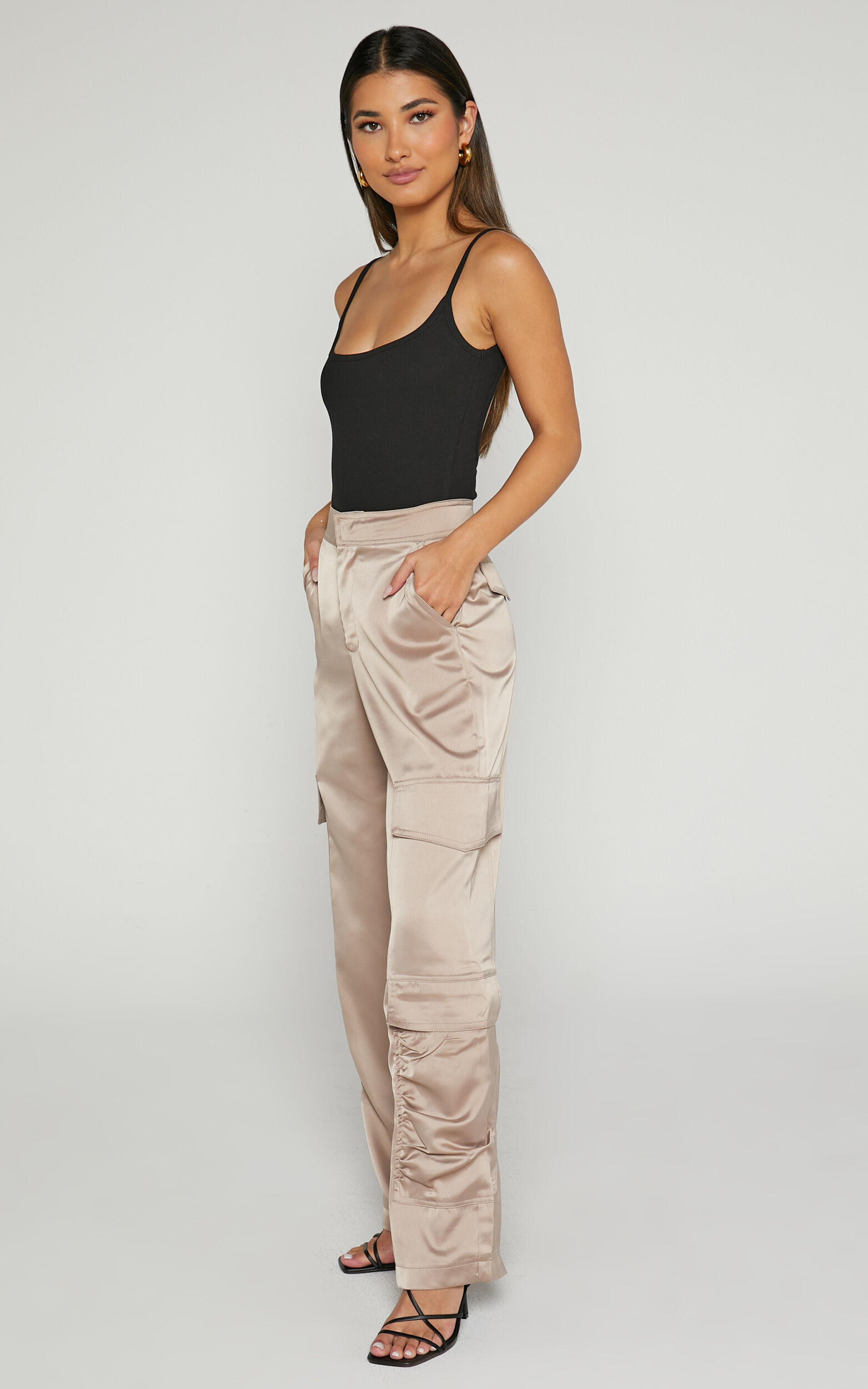 Champagne satin cargo trousers shop