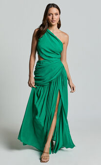 Darcy Maxi Dress - One Shoulder Side Cut Out Gathered Dress in Green