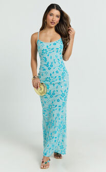 Robbie Maxi Dress - Strappy Scoop Neck Column Fitted Sequin Mesh Dress in Blue
