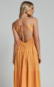 Chila Maxi Dress - Strappy Tie Front Low Back Tiered in Papaya Orange