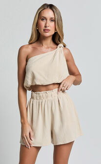 Raylene Two Piece Set - Linen Look Knotted One Shoulder Top and Paper Bag Waist Shorts in Natural