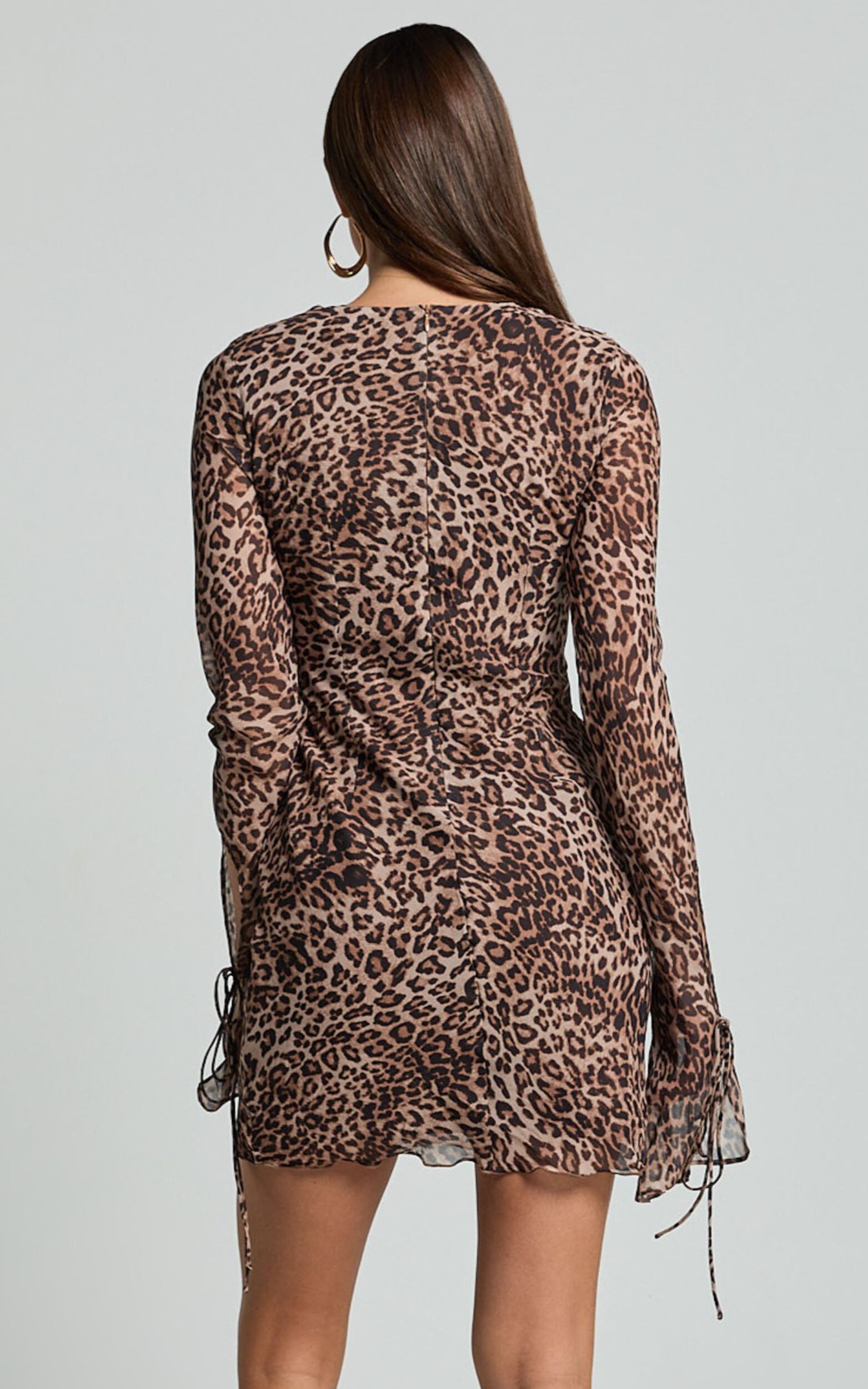 Alesya Mini Dress - Ruffle Plunge Neck Long Sleeve Tie Detail Dress in ...
