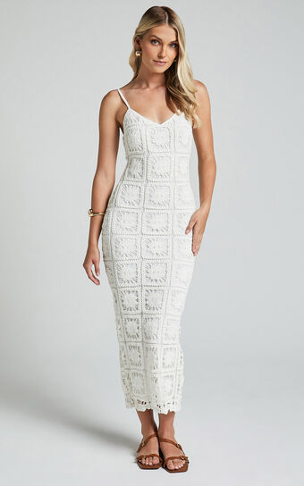 Antwerp Midi Dress - Strappy Bodycon Dress in White Crochet