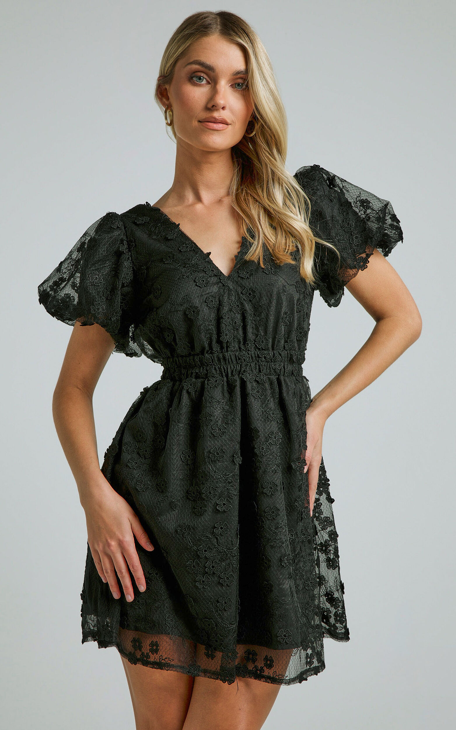 Marciana Mini Dress - V Neck Puff Sleeve With Lace Dress in Black - 06, BLK1