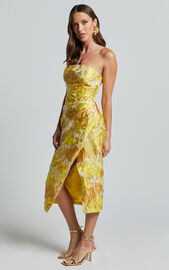 Brailey Midi Dress - Thigh Split Strapless Dress in Yellow Jacquard | Showpo EU