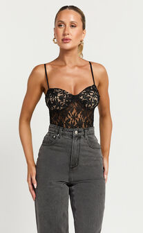 Wintour Bodysuit - Bustier Lace Bodysuit in Black