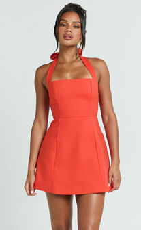 Dante Mini Dress - Halter Neck Tie Tulip Skirt Dress in Orange