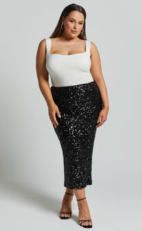 Hasley Midi Skirt - Sequin Bodycon Skirt in Black