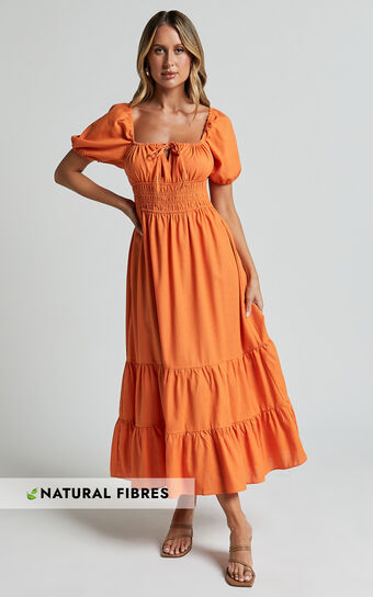 Claritza Midi Dress - Linen Look Short Puff Sleeve Square Neck Tiered Dress in Sherbert