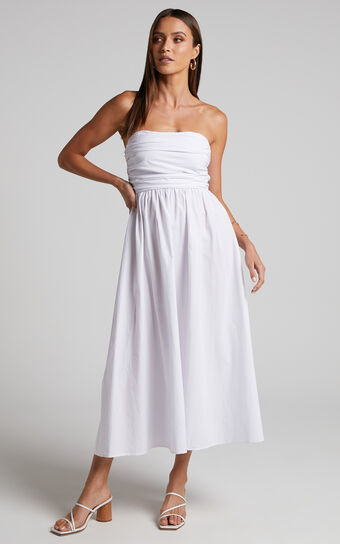 Sula Midi Dress - Ruched Bust Strapless Dress in White