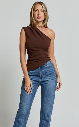 Amal Top Asymmetrical One Shoulder Gathered in Chocolate Showpo Sale