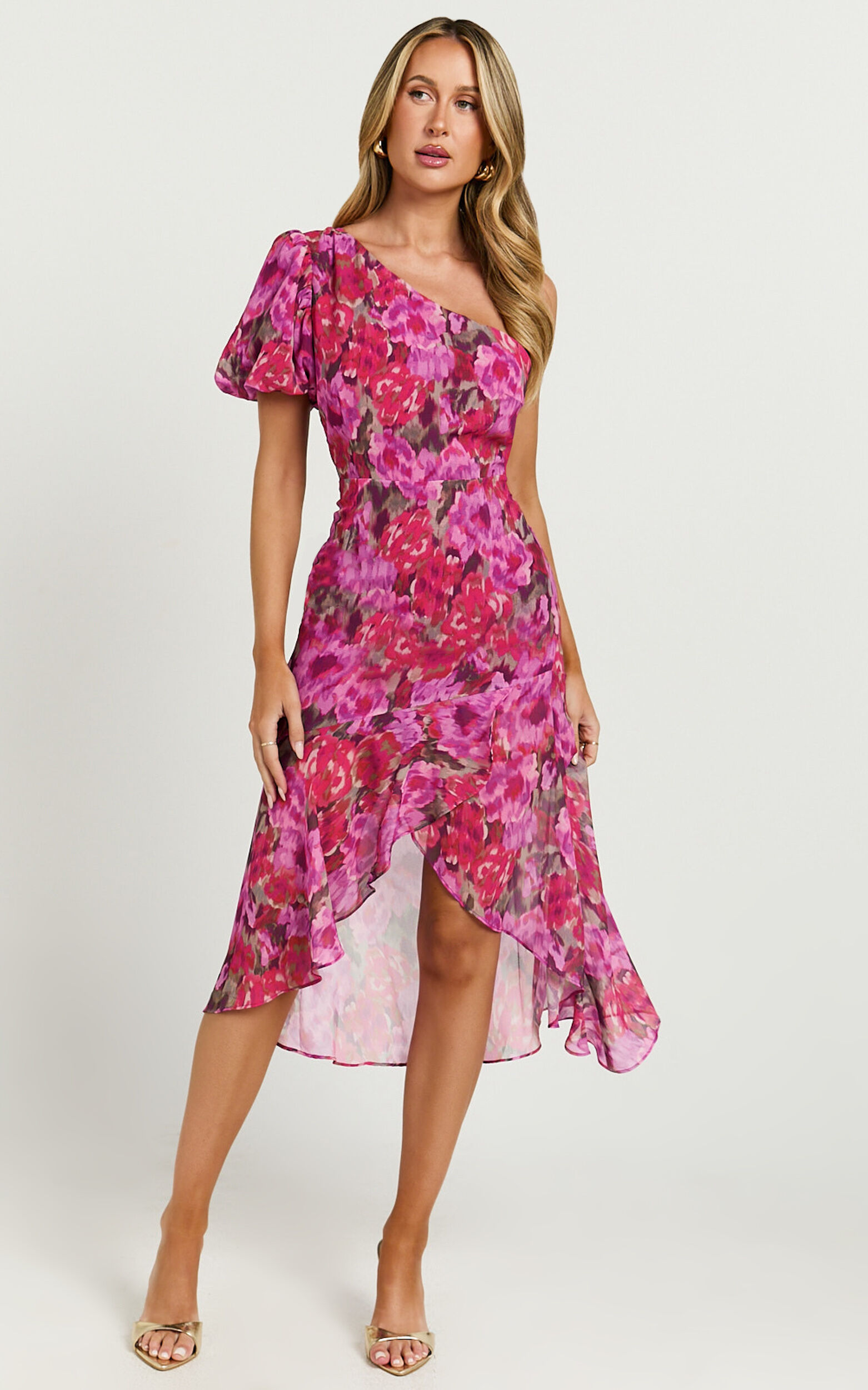 Clabelle Midi Dress One Shoulder Ruffle Tulip Hem Dress in Violette Blur Floral Showpo USA