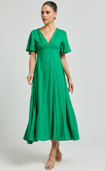 Dakota Midi Dress - Linen Look Flutter Sleeve A Line Dress in Green