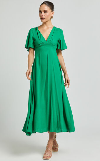 Dakota Midi Dress - Linen Look Flutter Sleeve A Line Dress in Green