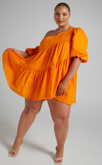 Harleen Mini Dress - Linen Look Asymmetrical Trim Puff Sleeve Dress in Orange