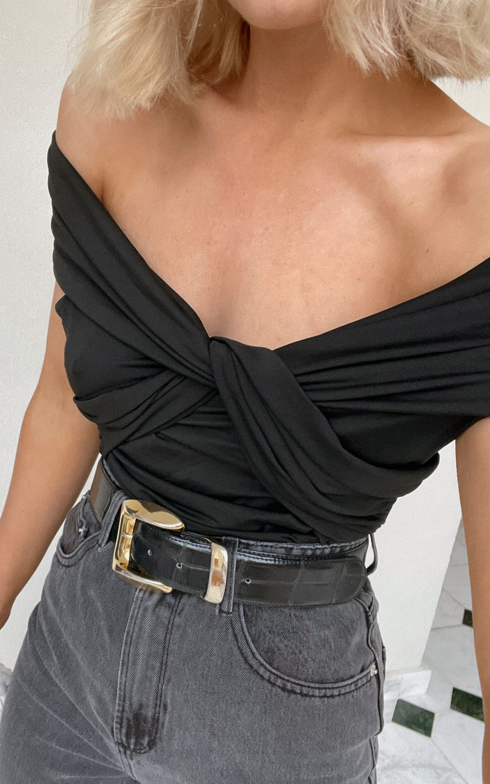 Greita Bodysuit - Twist Front Off Shoulder Bodysuit in Black Greita Bodysuit - Twist Front Off Shoulder Bodysuit in Black