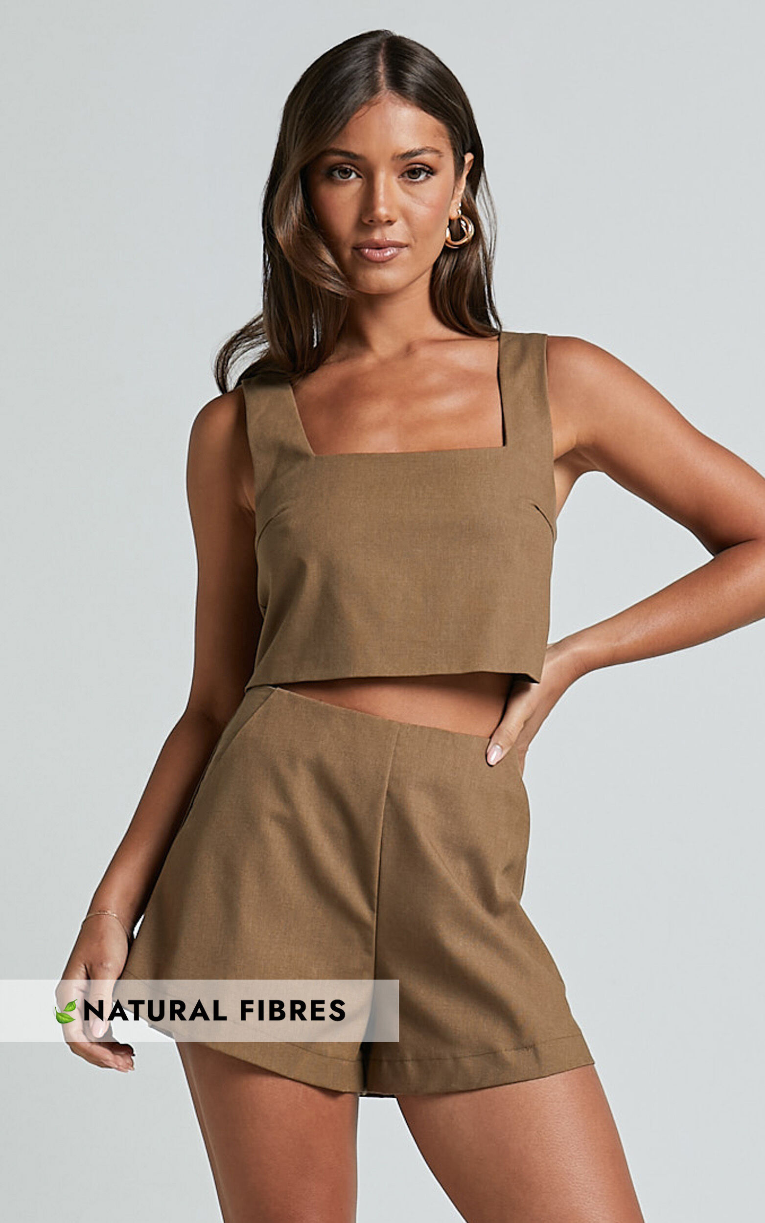 Salvador Two Piece Set - Linen Look Sleeveless Crop Top and High Waisted Tailored Shorts in Olive - 06, GRN1